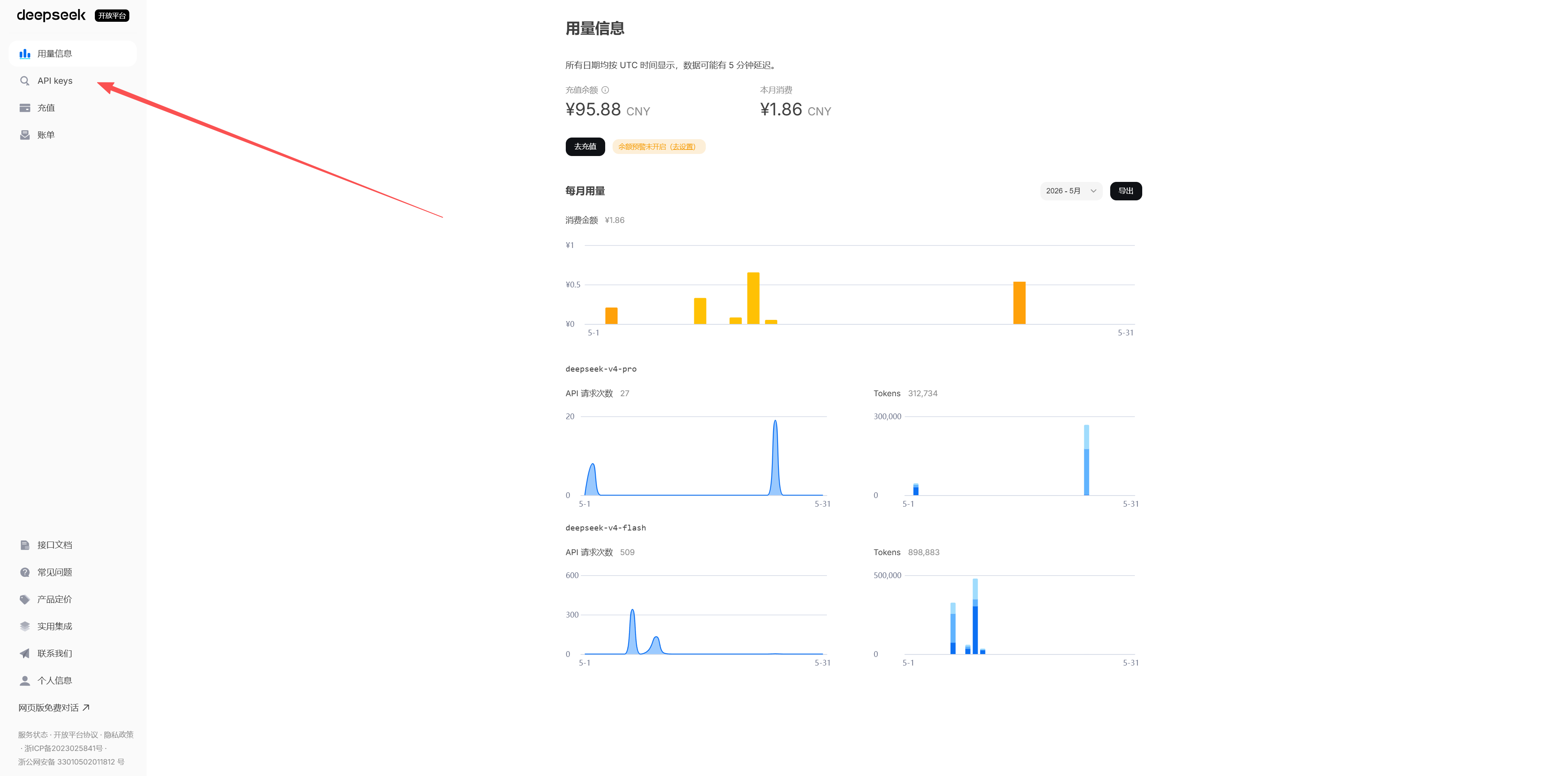 DeepSeek 开放平台 API keys 页面